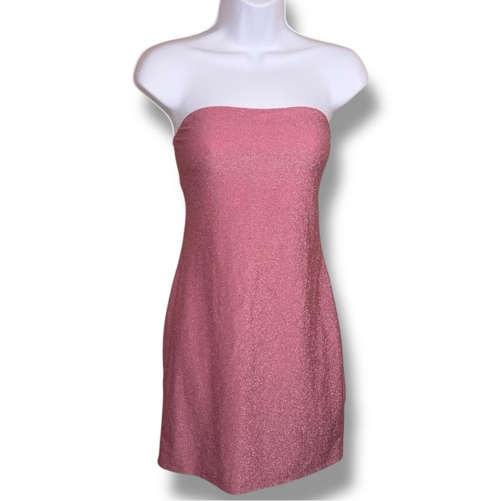 Medium Divided Pink Shimmer Fitted Bodycon Dress Strapless Stretch Event Party